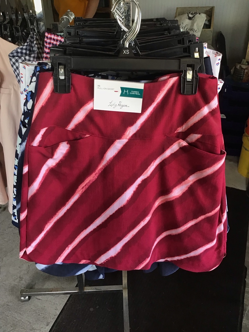 Lady Hagen Red and Pink Diagonal Stripe Pull-On Skort
